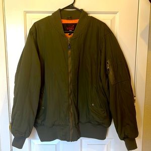 Army green bomber jacket.